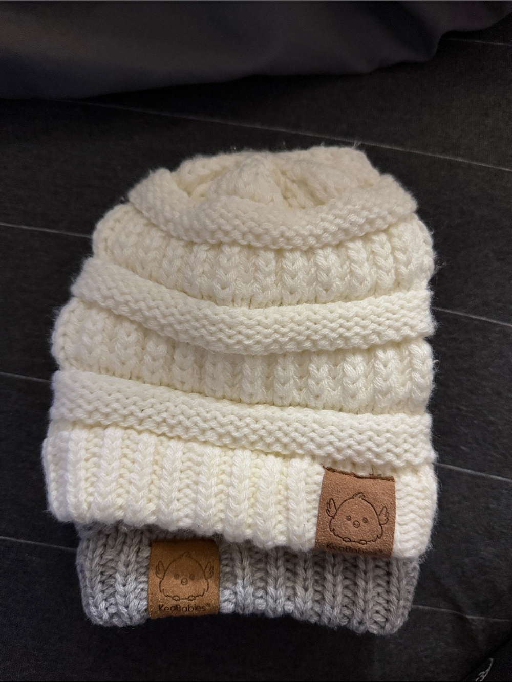Kids Cream Knit Beanie with Logo Patch